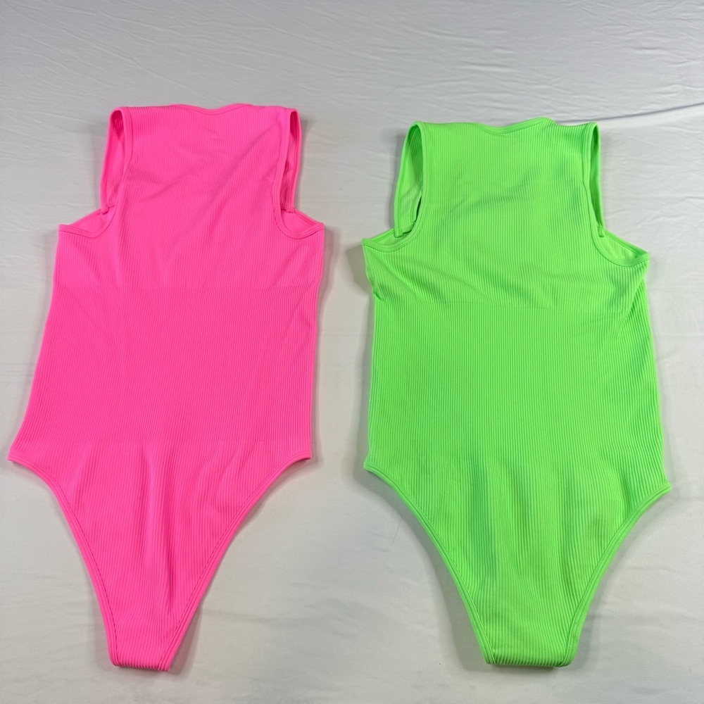 Tiktok Viral Set of two Ribbed Bodysuit Stretchy Ribbed Large Pink Green snap - Picture 9 of 10
